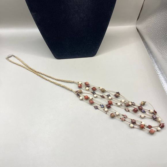 Multi Strand Braided Cord Necklace w/ Red & Beige Round/Star Jasper Stone Beads - Picture 5 of 6